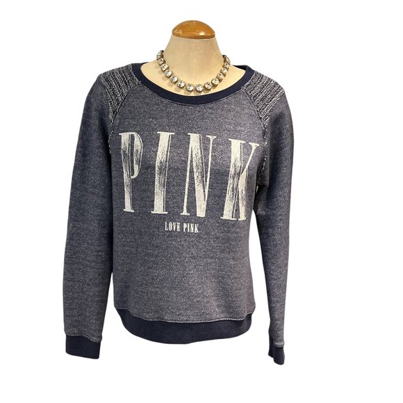 VICTORIAS SECRET Sweatshirt 'PINK LOVE PINK' Size Medium Denim Blue Knit Cotton - Picture 3 of 11